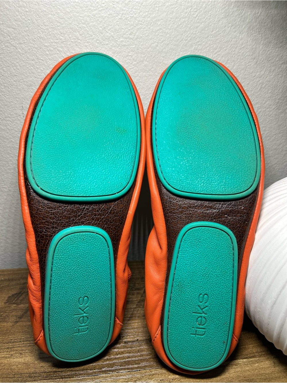 Tieks Orange Leather Ballet Flats with Teal Accent - Picture 5 of 7
